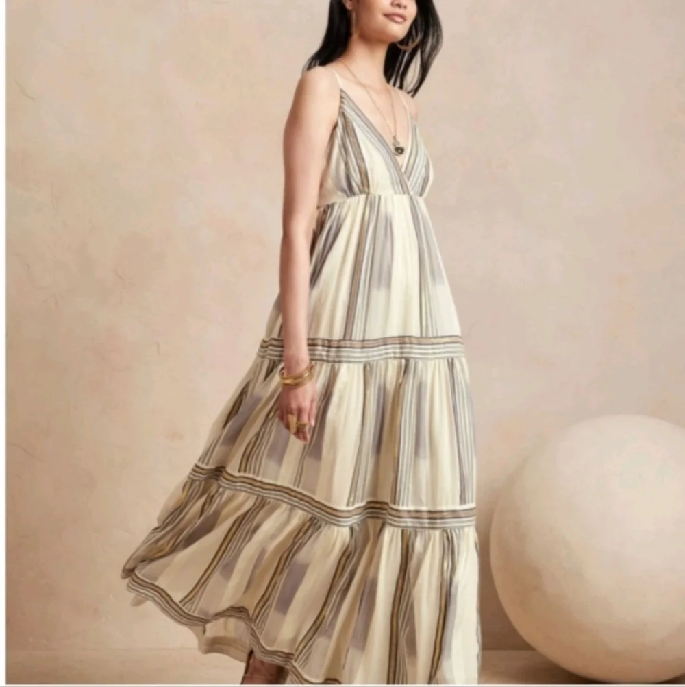 NWT Banana Republic Zephyr Maxi Dress Off White Gold Stripes x HBO Sz M Petite - Picture 2 of 9